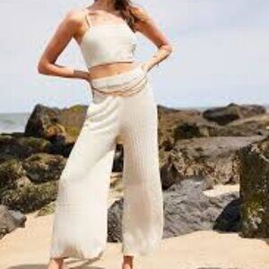Free People Anita sweater pant tank set oatmeal tan textured knit | M